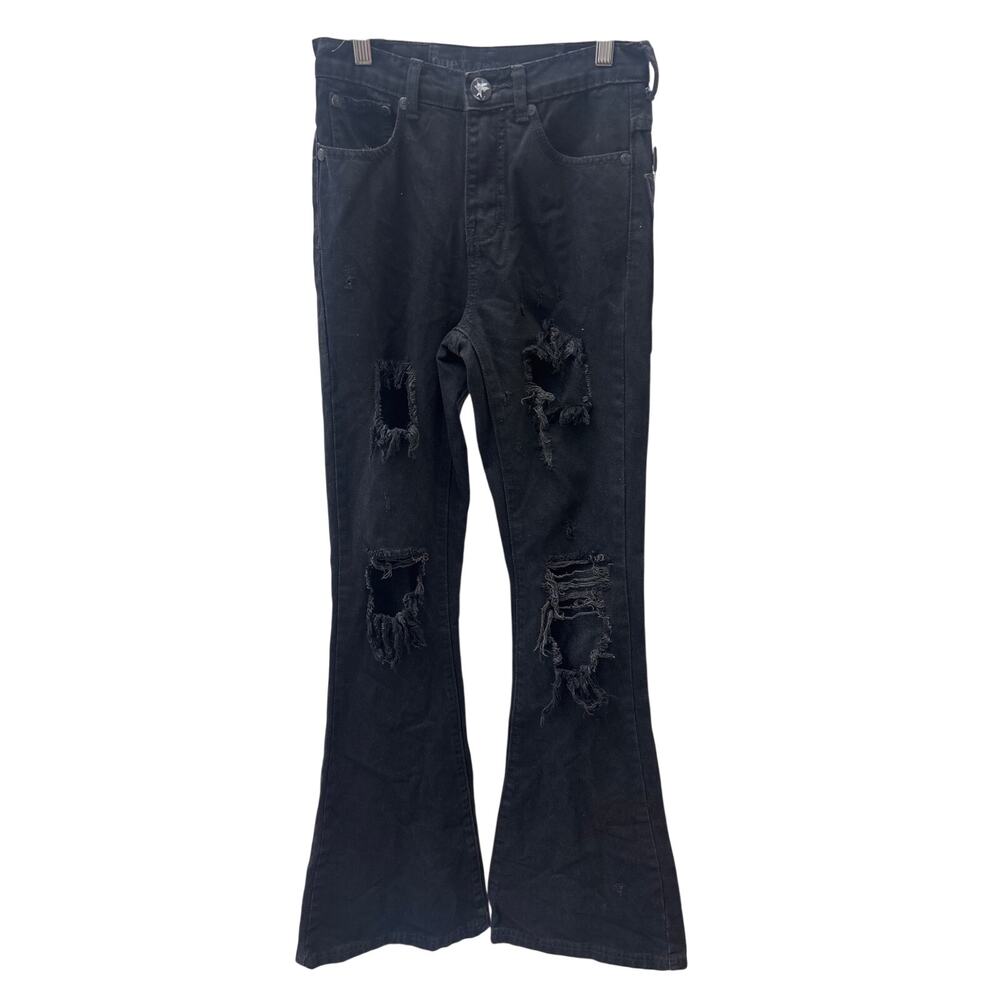 One Teaspoon Sz 24 Black Flare Leg Distressed Ripped High Rise Denim Jeans